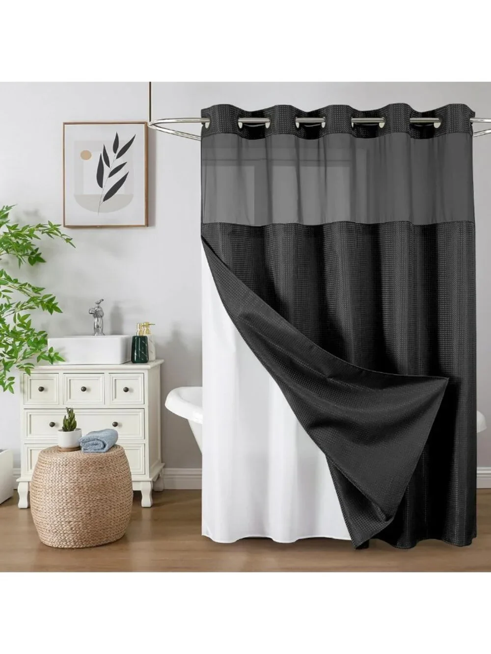 Waterproof Waffle Shower Curtain with See-Through Window, Heavy Duty 72'' x 75''